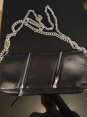 Zara Black Leather Crossbody Bag with Silver Chain